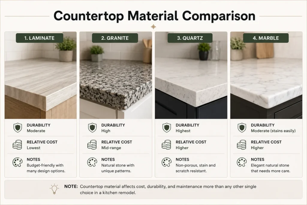 Comparison of laminate, granite, quartz, and marble kitchen countertop materials for kitchen renovation in Karachi