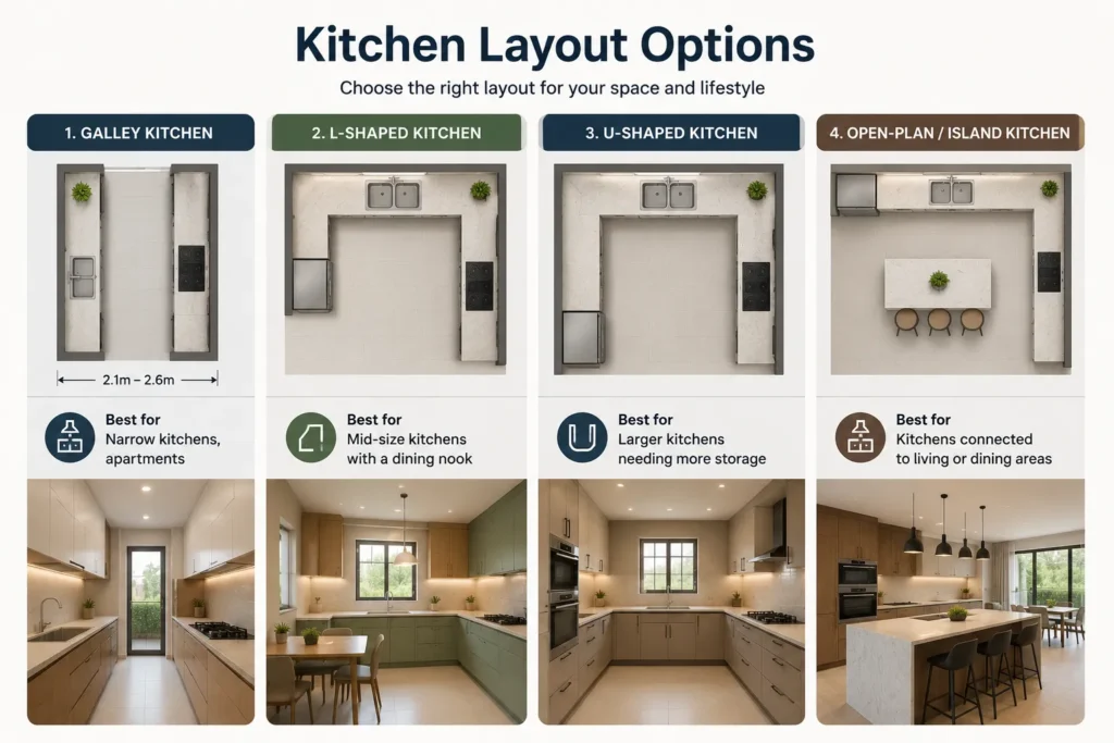 Comparison of galley, L-shaped, U-shaped, and open-plan kitchen layouts for kitchen remodeling in Karachi
