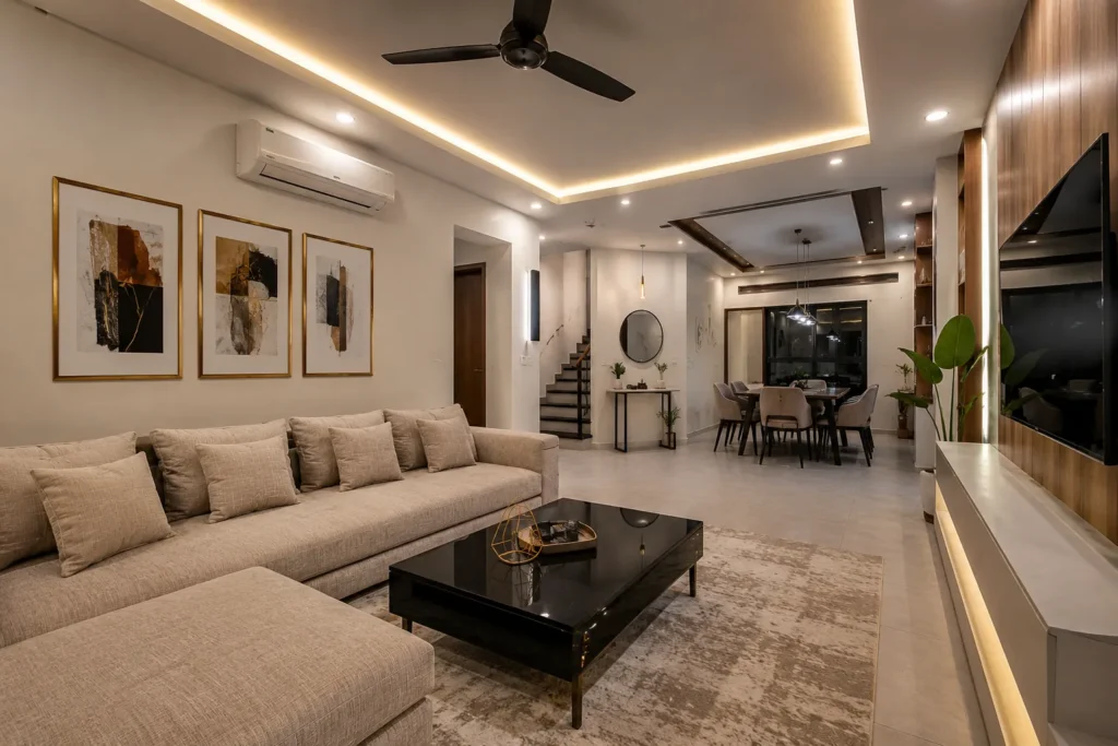 Modern living and dining space interior designed by Advanced Engineering for a luxury residence in Karachi
