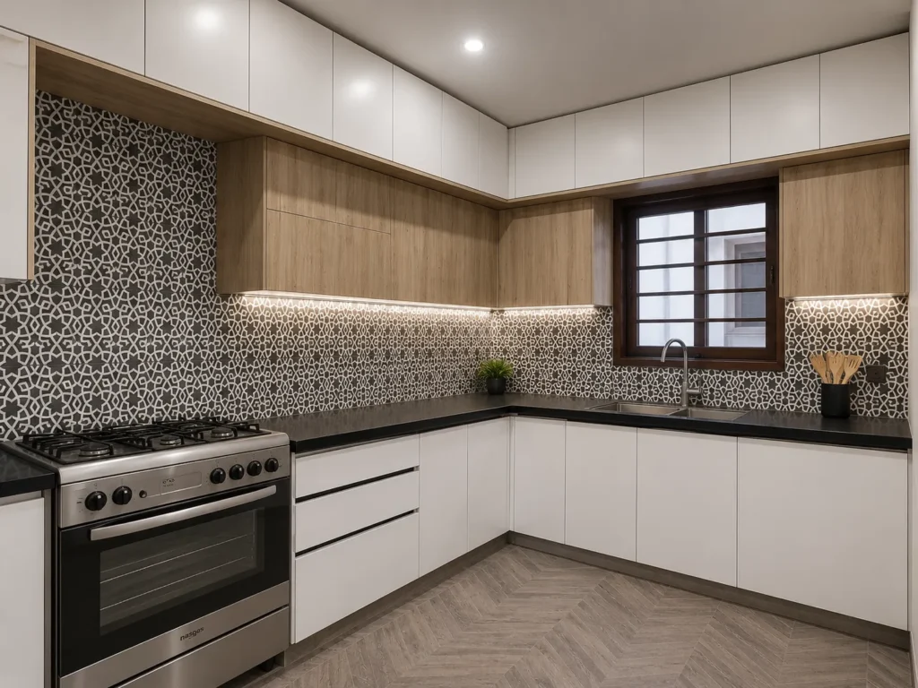 Kitchen design in Karachi with a grey patterned backsplash and L-shaped layout