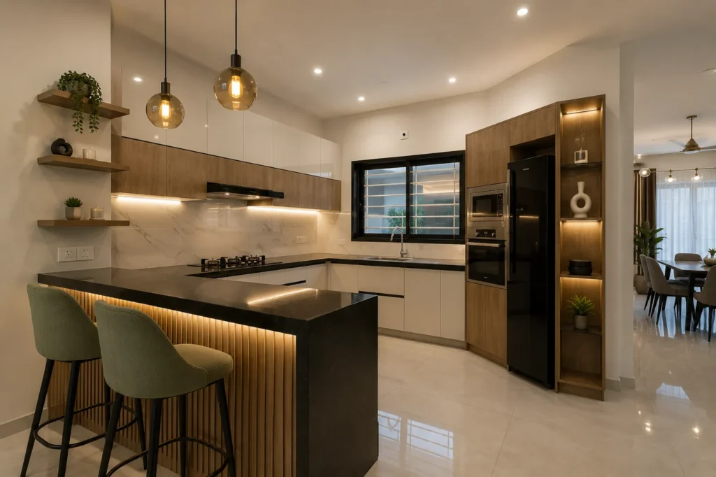 Modern modular kitchen with island counter designed by Advanced Engineering Karachi
