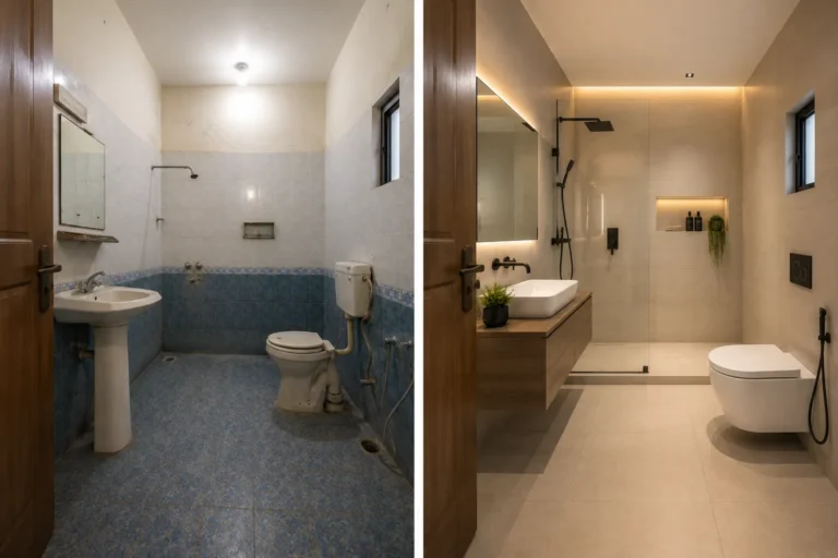 Before and after bathroom renovation comparison in Karachi