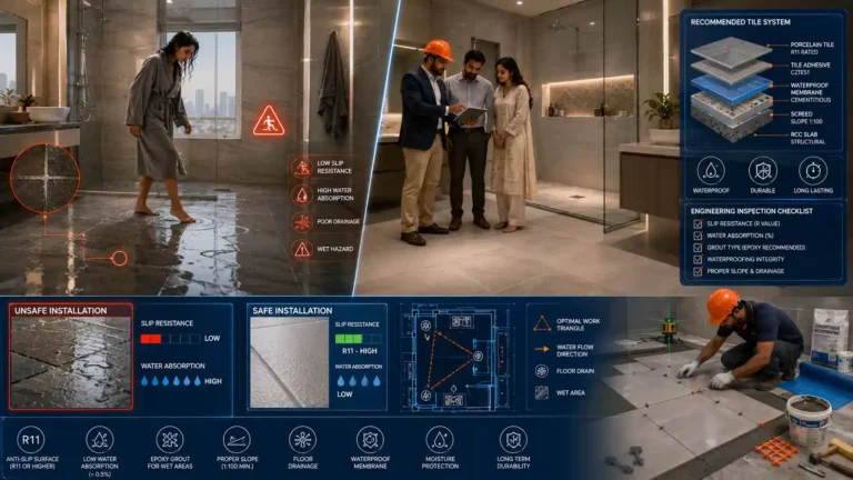 Comparison of unsafe glossy bathroom tiles and professionally installed R11-rated porcelain floor tiles in a Karachi bathroom, showing slip-resistant flooring, waterproofing, epoxy grout, and engineering-based bathroom renovation.