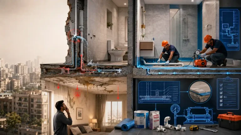 Cross-sectional view of a concealed bathroom plumbing leak in a Karachi apartment showing water seepage through the concrete slab, ceiling damage below, and professional waterproofing with pressure-tested plumbing.