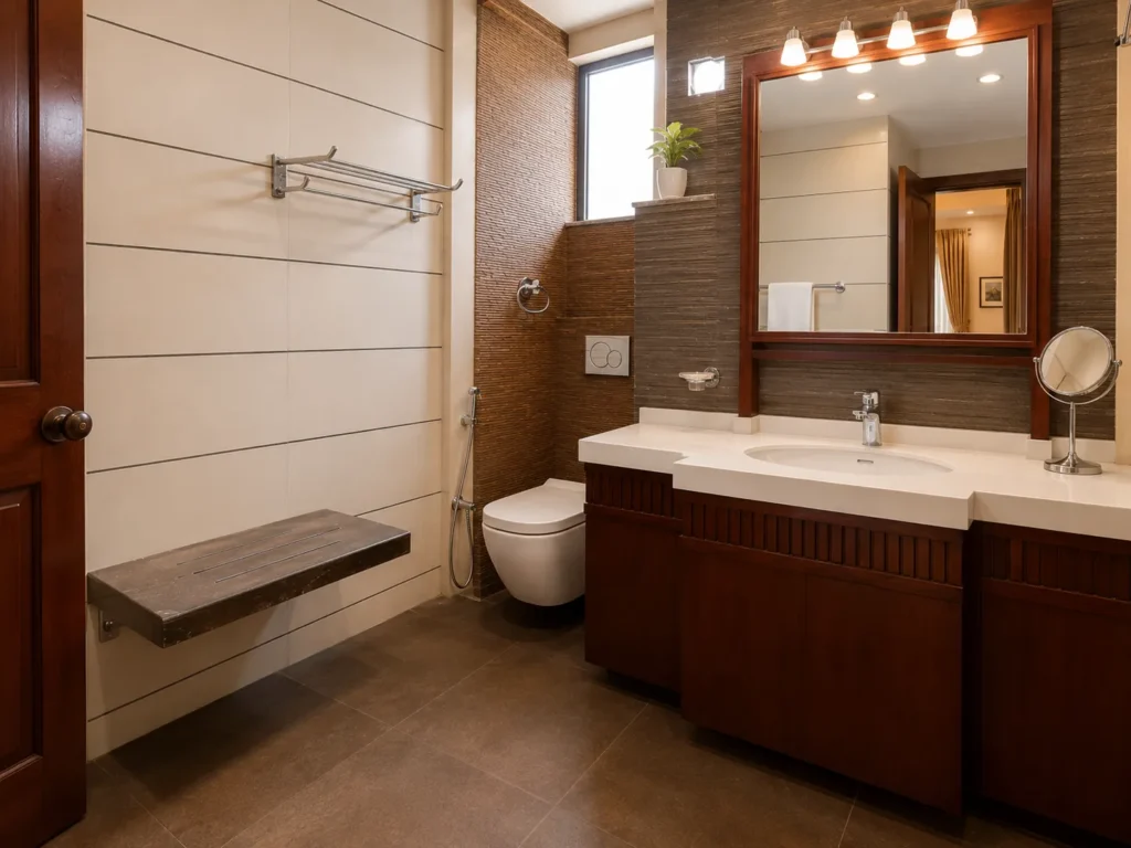 Classic bathroom design with pedestal sink and patterned tiles in Karachi