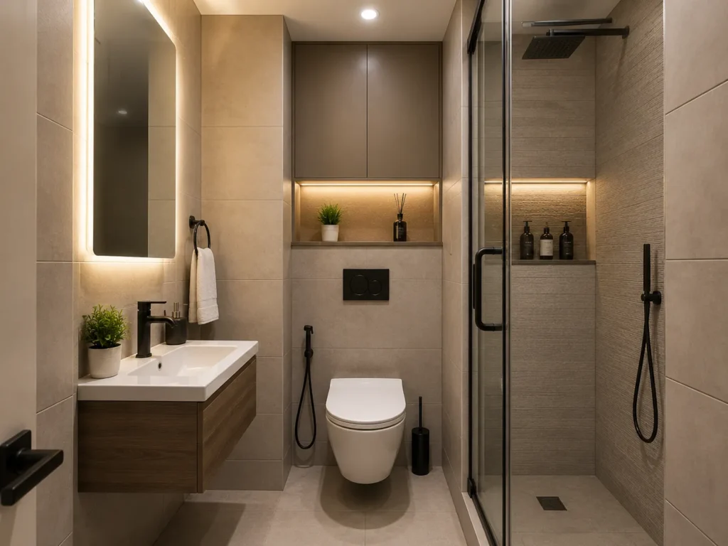 ompact space-saving bathroom design with wall-hung fixtures in Karachi