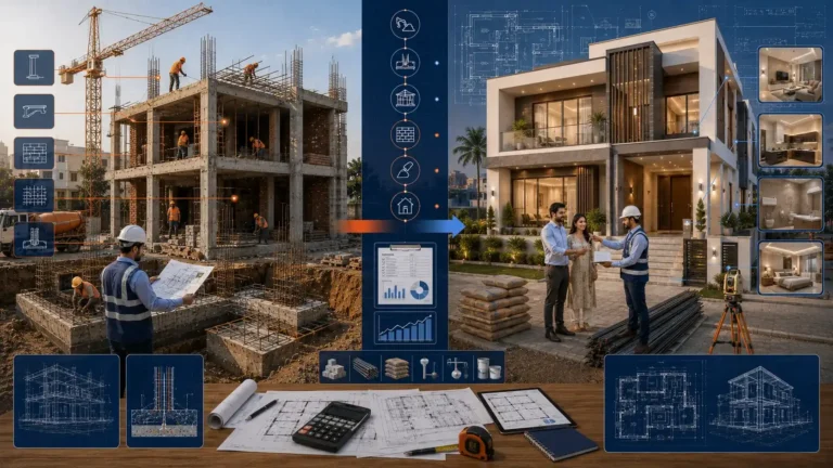 Professional comparison of grey structure and turnkey house construction in Karachi with engineering drawings, cost planning elements, and modern residential buildings illustrating construction cost per square foot in 2026.