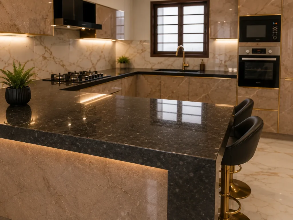 Luxury kitchen remodeling in Karachi featuring a marble island and premium finishes