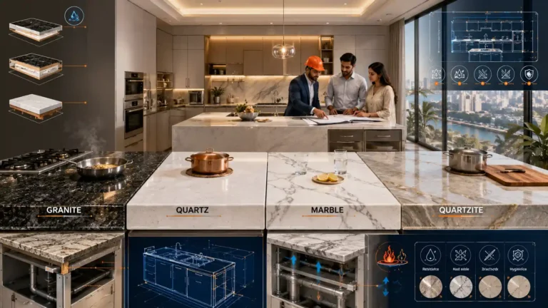 Comparison of granite, quartz, marble, and quartzite kitchen countertops in a modern Karachi home, showing premium materials, engineering design, heat resistance, and luxury kitchen remodeling.