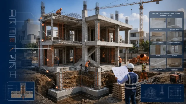 Cross-sectional view of a grey structure house under construction in Karachi showing foundation, RCC columns, beams, slabs, masonry walls, and embedded plumbing and electrical conduits before finishing work begins.