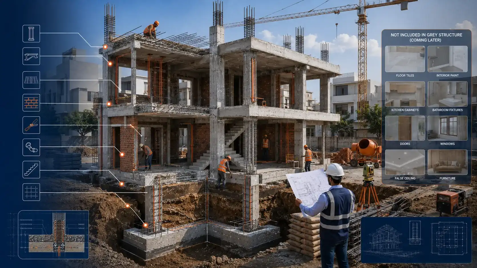 Cross-sectional view of a grey structure house under construction in Karachi showing foundation, RCC columns, beams, slabs, masonry walls, and embedded plumbing and electrical conduits before finishing work begins.
