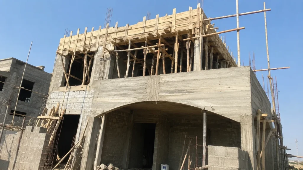 RCC slab casting stage of grey structure construction in Karachi