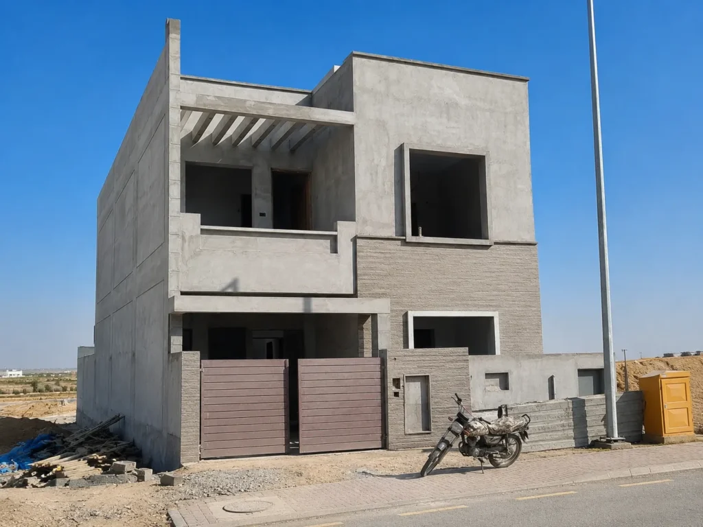 Grey structure construction in Karachi with column casting in progress