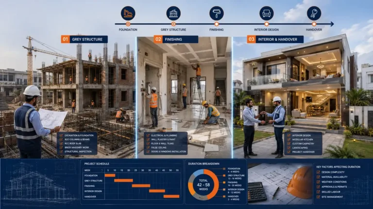 Construction timeline of a residential house in Karachi showing the progression from foundation and grey structure to finishing work and complete handover under professional engineering supervision.