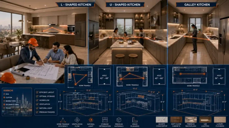 Comparison of L-shaped, U-shaped, and galley kitchen layouts in a modern Karachi home, showing professional space planning, luxury cabinetry, and engineering-based kitchen remodeling design.