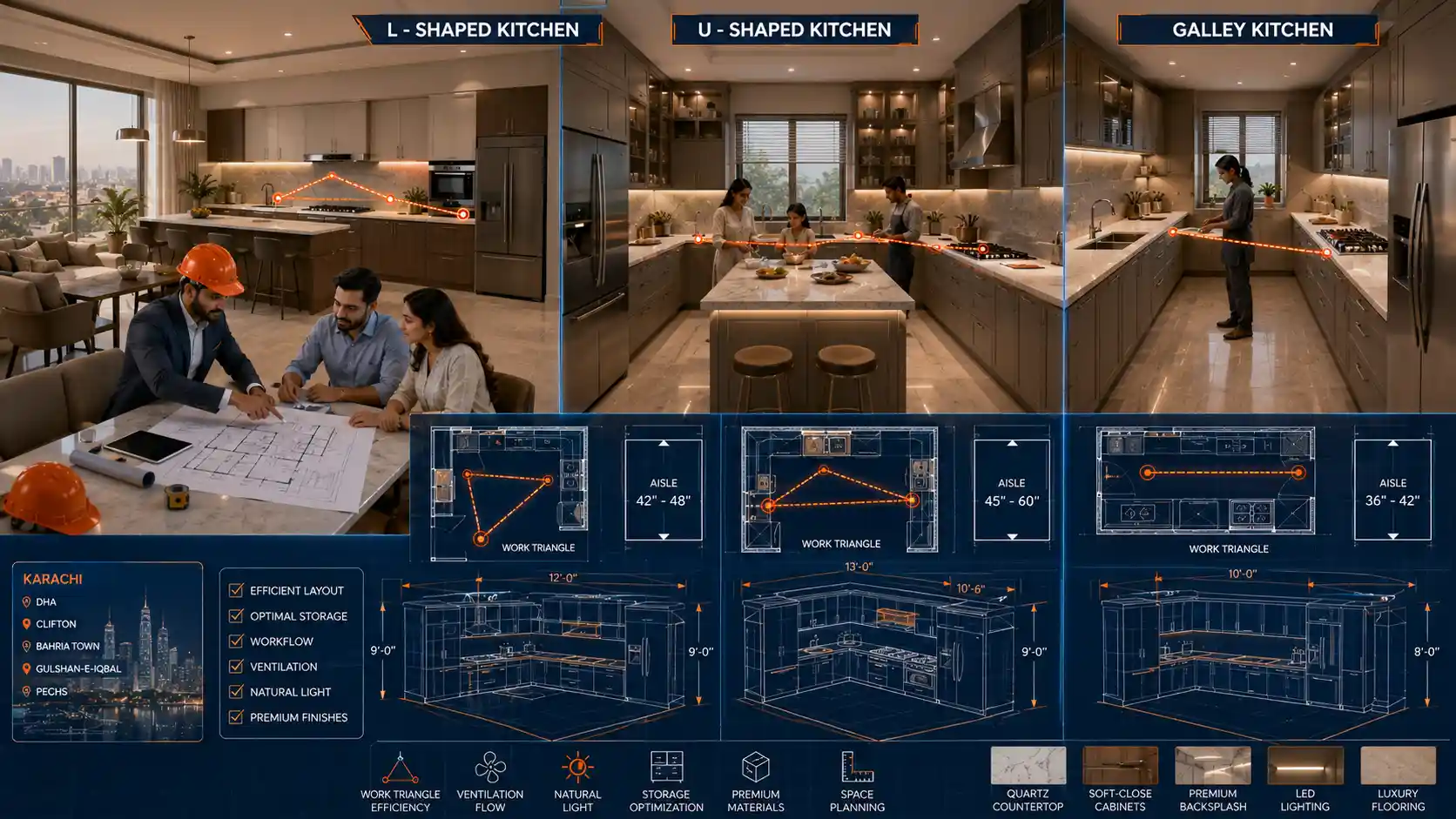 Comparison of L-shaped, U-shaped, and galley kitchen layouts in a modern Karachi home, showing professional space planning, luxury cabinetry, and engineering-based kitchen remodeling design.