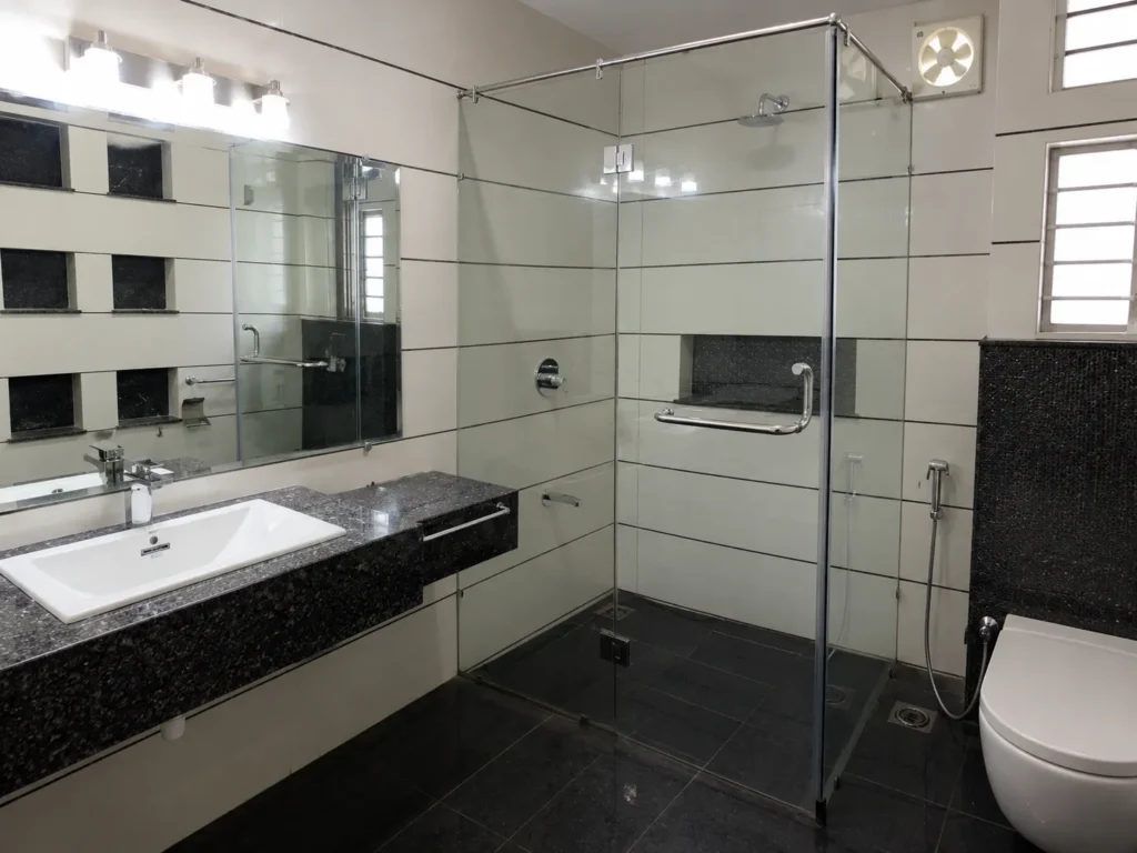 Modern minimalist bathroom renovation with concealed plumbing in Karachi