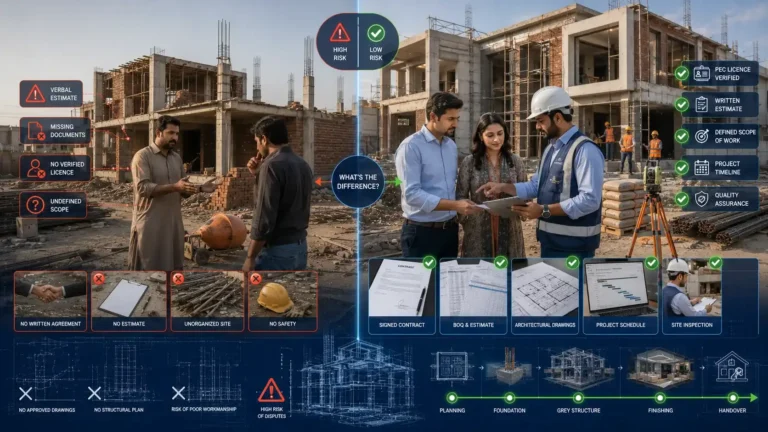 Comparison of an unlicensed contractor and a PEC-licensed construction company in Karachi, highlighting written contracts, project documentation, and professional engineering supervision.