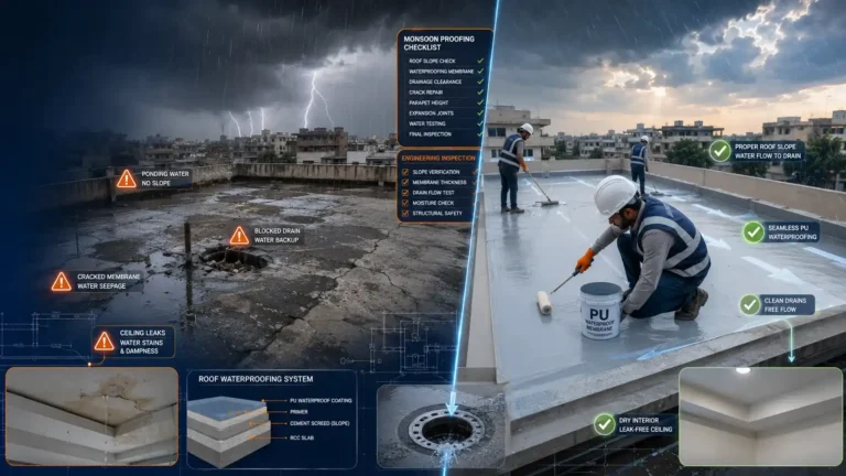 Modern residential roof waterproofing in Karachi showing polyurethane membrane application, proper drainage, roof slope correction, and monsoon protection by construction professionals.