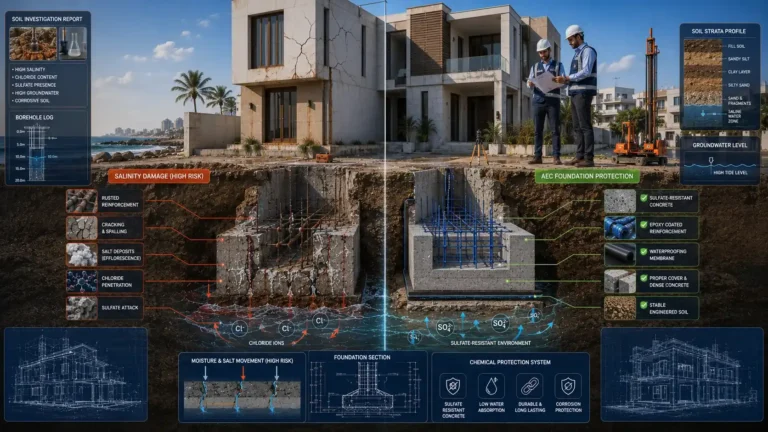 Cross-sectional illustration of a house foundation in Karachi showing soil salinity, saline groundwater, sulfate attack, chloride corrosion, and engineered foundation protection using sulfate-resistant concrete and waterproofing.
