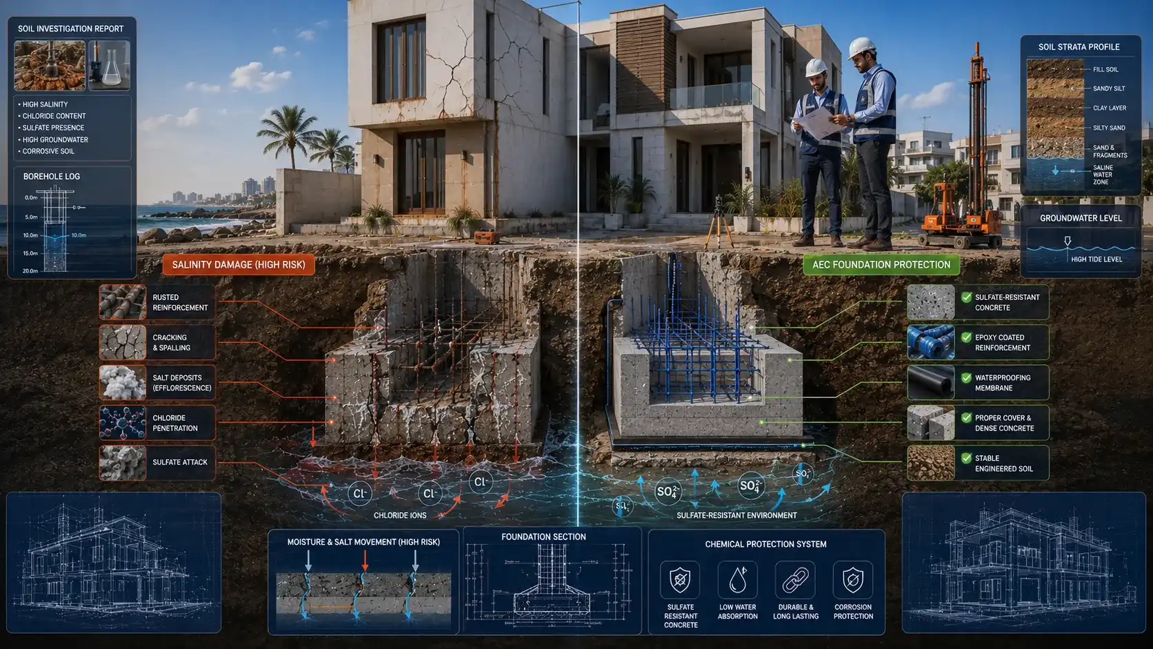 Cross-sectional illustration of a house foundation in Karachi showing soil salinity, saline groundwater, sulfate attack, chloride corrosion, and engineered foundation protection using sulfate-resistant concrete and waterproofing.