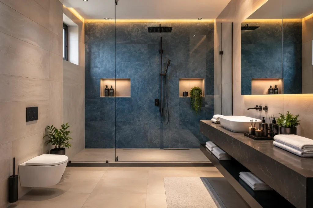 Spa-style bathroom renovation with natural stone finish in Karachi