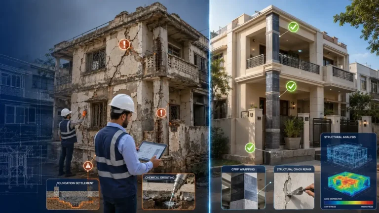 Structural retrofitting of an older Karachi building showing carbon fiber wrapping, foundation strengthening, chemical grouting, and professional engineering restoration techniques.