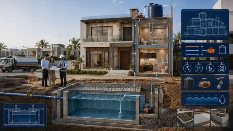 Cross-sectional view of a Karachi home showing an underground RCC water tank, overhead water tank, pump system, and engineered plumbing layout for efficient residential water storage.