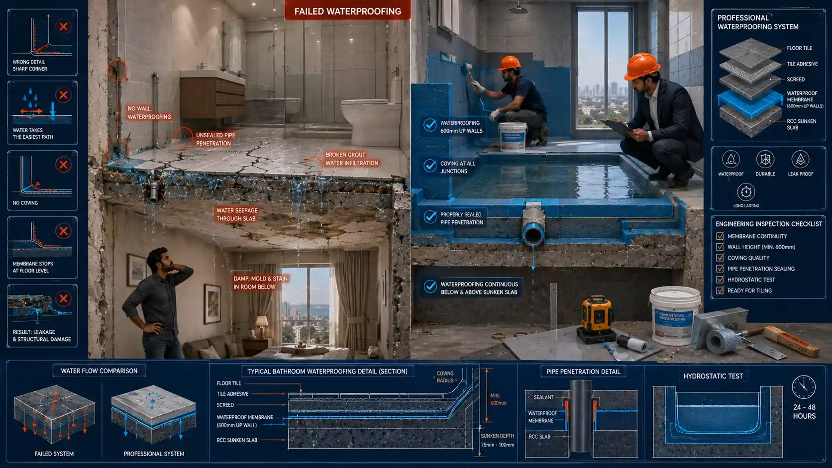Cross-sectional comparison of failed and professionally waterproofed bathrooms in Karachi showing waterproof membrane installation, wall junction protection, sunken slab waterproofing, sealed pipe penetrations, and leak prevention.